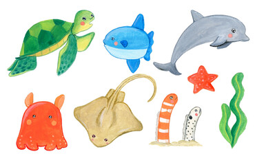 手描きの可愛い海の生き物のイラストセット