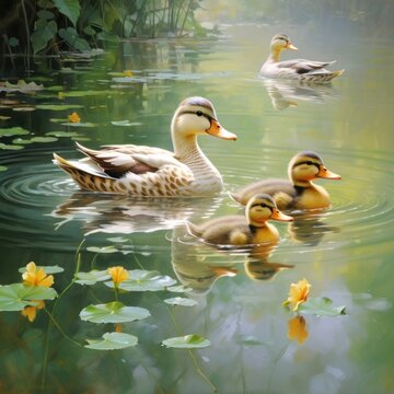 serene image of a family of ducks gliding across a calm pond, their reflection mirroring their tranquility