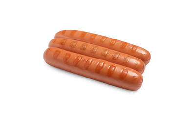 Tasty grilled sausages on white background. Ingredients for hot dogs