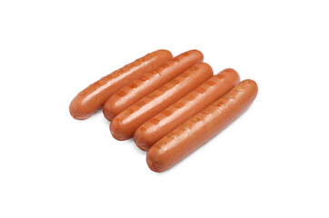 Tasty fresh grilled sausages on white background. Ingredients for hot dogs