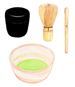 手描き水彩の茶道具のセットイラスト