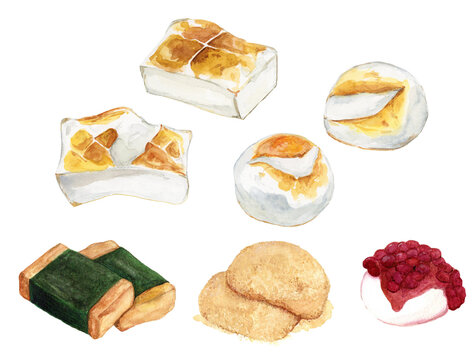 手描き水彩の美味しそうな餅イラストセット, Hand-painted Watercolor Delicious Mochi Illustration Set