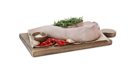Board with raw beef tongue and products on white background