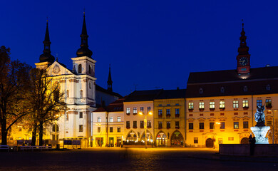 Fototapeta na wymiar View of illuminated Masaryk Square at night, Jihlava, Czech Republic