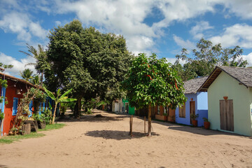 colored houses in Caraiva, coastal and riverside community located in Porto Seguro, Bahia, Brazil