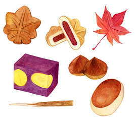 手描き水彩の美味しそうな秋の和菓子セットイラスト