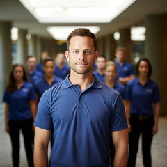 Obraz premium Hombre vestido con una playera azul, con un equipo de trabajo detrás de él, en un edificio corporativo bien iluminado.