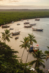 panoramic view of tourists boats on sea channel in Santa Cruz Cabralia, Bahia State, Brazil
