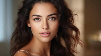 Naklejka premium smooth and healthy skin Latin American woman face for cosmetics skincare advertisement commercial. 