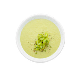 Bowl of delicious celery soup isolated on white, top view