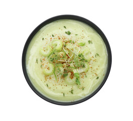 Bowl of delicious celery soup isolated on white, top view