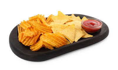 Tasty tortilla and ridged chips with ketchup on white background
