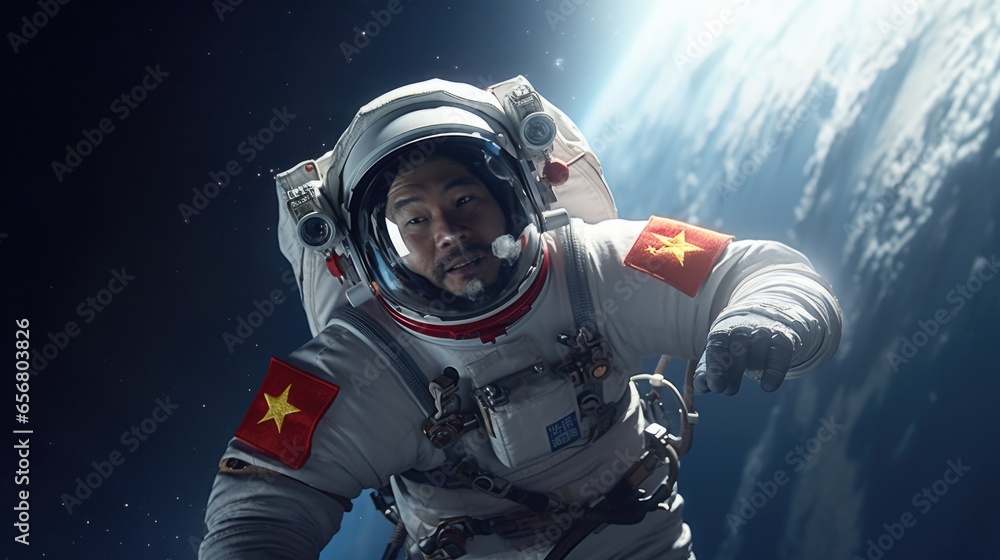 Poster a man in a space suit floating in the air. generative ai.