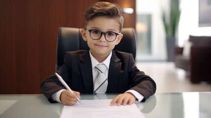 A young boy in a suit sitting at a desk with a pen and paper. Generative AI.