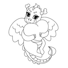 Cute dragon coloring page for kids, Chinese Happy New Year 2024. Fantasy baby dragon drawing contour for coloring book. Vector illustration in cartoon line art style,