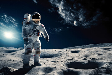 Astronaut on the lunar surface dressed in spacesuit with space in the background, human traveling to space, journey from earth to space