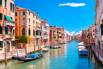 Beautiful Venice canal with gondolas on a sunny day, day trip for sightseeing gorgeous grand canals - obrazy, fototapety, plakaty