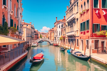 Fototapeta na wymiar Beautiful Venice canal with gondolas on a sunny day, day trip for sightseeing gorgeous grand canals