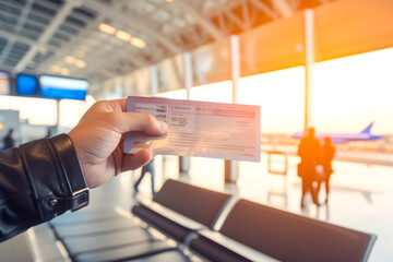 Close up of passenger holding up plane ticket with the airport in the background, concept of travel by air - obrazy, fototapety, plakaty
