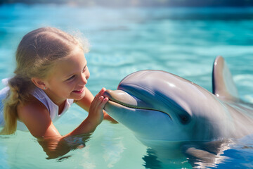 Adorable little girl swimming with dolphin and petting him on summer holidays with family, tropical animal sightseeing destination