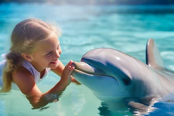 Foto op Canvas Adorable little girl swimming with dolphin and petting him on summer holidays with family, tropical animal sightseeing destination © MVProductions