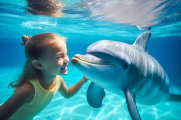 Foto auf Acrylglas Adorable little girl swimming with dolphin and petting him on summer holidays with family, tropical animal sightseeing destination © MVProductions