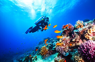 Naklejka na ściany i meble Scuba diving in tropical ocean with beautiful coral reef surrounding diver underwater, gorgeous natural underwater beauty