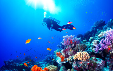 Fototapeta na wymiar Scuba diving in tropical ocean with beautiful coral reef surrounding diver underwater, gorgeous natural underwater beauty