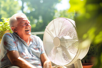 Senior man cooling by the fan outside on a hot summer day, heat exhaustion for senior man sitting outside - obrazy, fototapety, plakaty