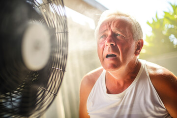 Senior man cooling by the fan outside on a hot summer day, heat exhaustion for senior man sitting outside