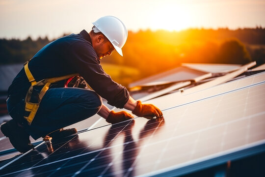 Close up of construction worker installing solar energy panels on a roof top, clean renewable energy source