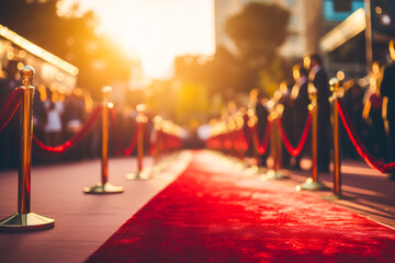 Close up shot of long glamorous red carpet ready for an event with celebrities, famous walk on red carpet - obrazy, fototapety, plakaty