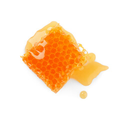 Natural honeycomb with tasty honey isolated on white, top view