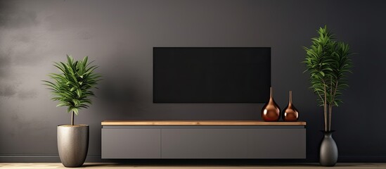 Modern living room with TV cabinet on dark wall