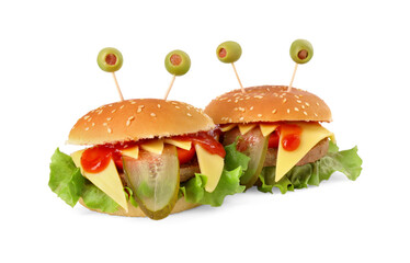 Cute monster burgers isolated on white. Halloween party food