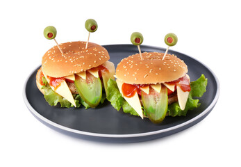 Cute monster burgers isolated on white. Halloween party food