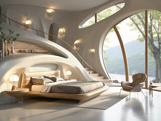 Interior of modern bedroom with wooden bed and armchair. Generative AI