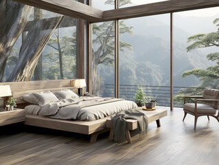 Interior of modern bedroom with wooden floor, panoramic window and mountain view. Generative AI