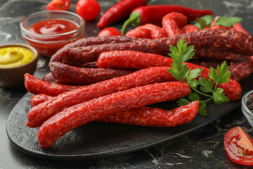 Thin dry smoked sausages served on black marble table, closeup