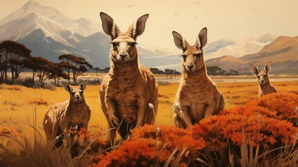 A group of kangaroos bounding across an open field with their joeys tucked safely in their pouches - obrazy, fototapety, plakaty