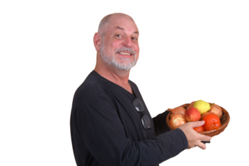 Elderly casual happy man , smiling. Portrait of a middle aged adult, older casual happy smiling, mature aged man with gray hair holding fruits and vegetables