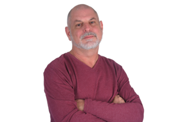 bald adult man with white beard isolated on white background