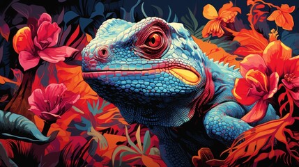 A vibrant chameleon blending seamlessly into its tropical rainforest habitat