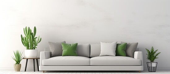 living room with white wall gray sofa green pillows coffee table and succulents