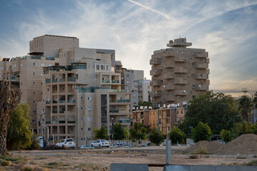 Typical Modern Architecture in israel. New Apartment in a tall building. Soith iBeersheba, Israel