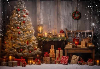 Naklejka na ściany i meble Christmas tree and presents in the spirit of holidays created with AI