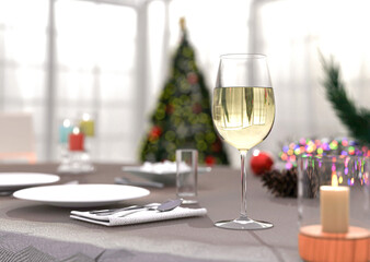 Dining table for the Christmas party with glass of white wine in foreground and defocused background. 3d render.