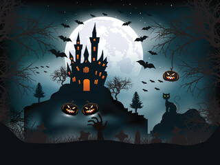 Halloween night celebration illustration with halloween pumpkins, bat, moon, and ghost house vector happy halloween design