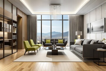 Stylish living room interior with comfortable sofa and chairs. 3d rendering