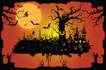 Halloween night celebration illustration with halloween pumpkins, bat, moon, and ghost house vector happy halloween design